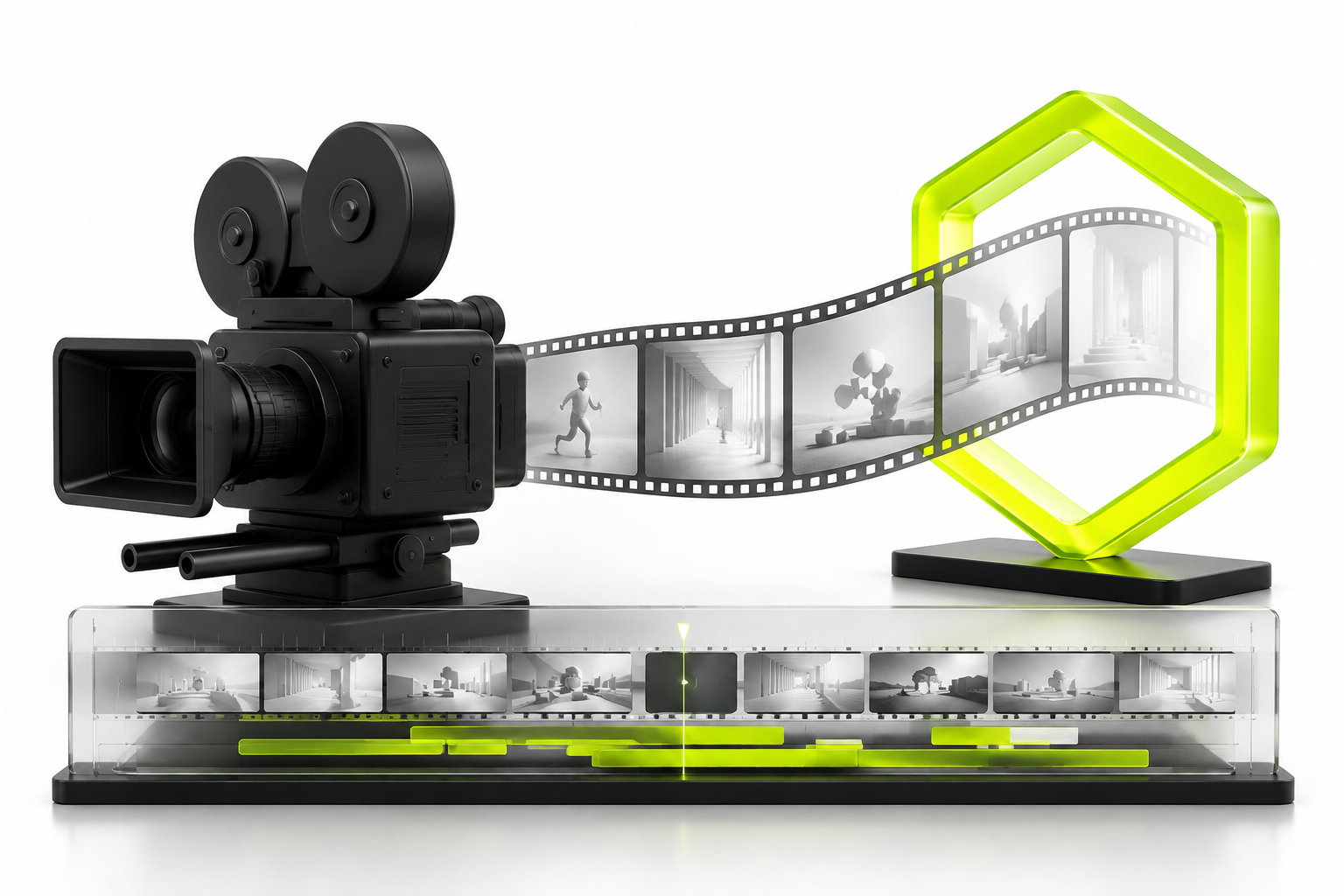A cinema camera, film frames and a separate editing timeline