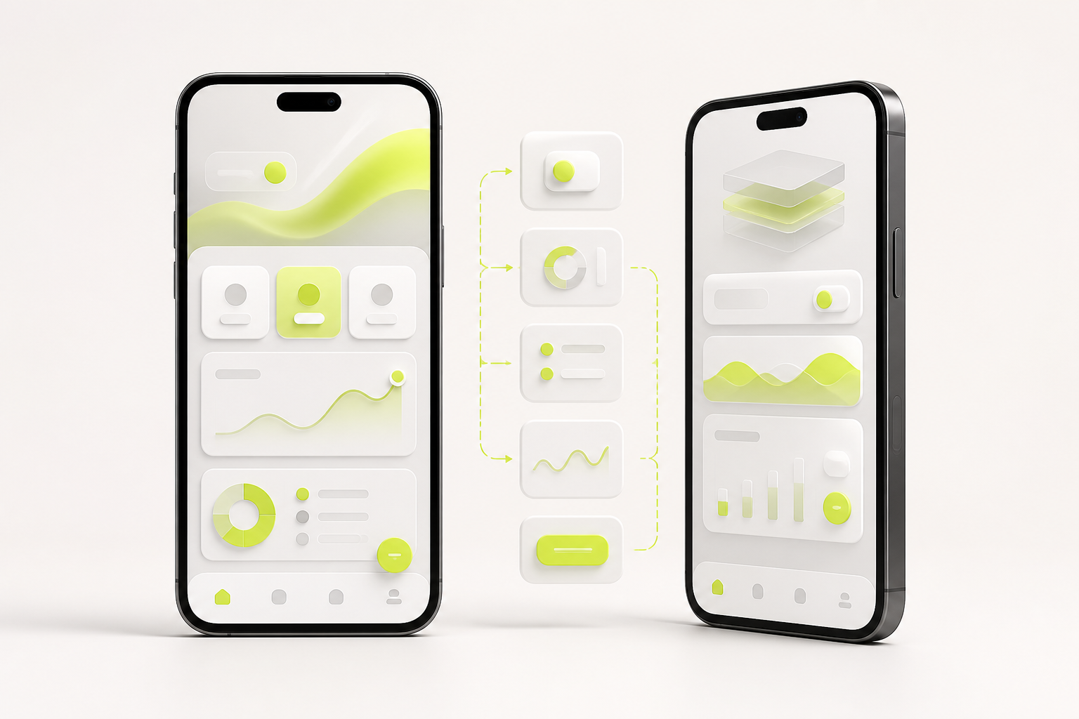 Two mobile application interfaces connected through a reusable component system